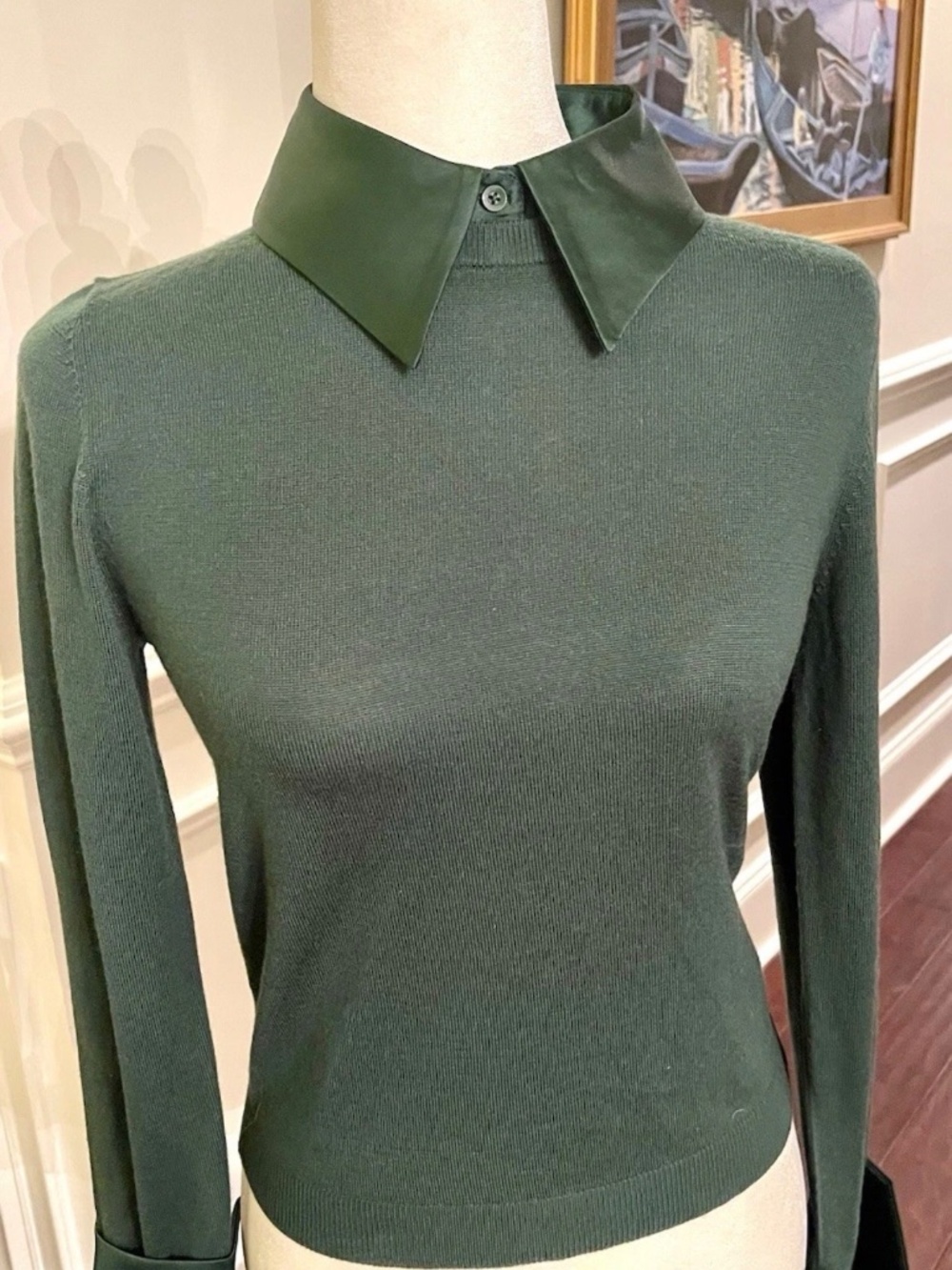 Alice + Olivia Porla Stretch Wool Silk Collared Sweater In Green Mystique L NWT - Picture 7 of 13